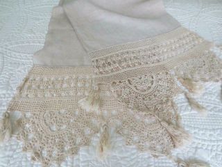 Antique Long 74 " X 17 " Crochet Lace & Tassels Handmade Linen Table Runner