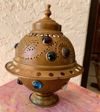 Antique Bronze/ Copper Islamic/ Persian Multi Glass Faceted Jewels Lamp/ Lantern