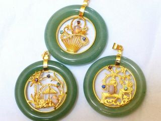 Estate Chinese Green Jade Pendant,  Set Of 3