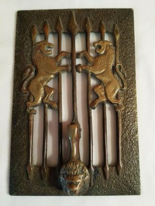 Unusual Vintage Brass & Cast Iron Door Knocker With 3 Lions On It 8 3/4 " X5 3/4 "