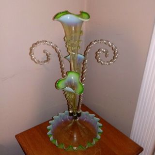 Antique Victorian Centerpiece Epergne Green Glass Horns Glass Hooks