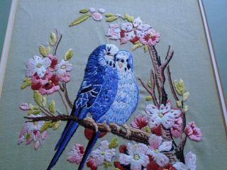 Gorgeous Antique Hand Embroidered Panel Bluebirds Cherry Blossom