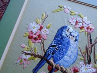 GORGEOUS ANTIQUE HAND EMBROIDERED PANEL BLUEBIRDS CHERRY BLOSSOM 2