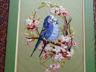 GORGEOUS ANTIQUE HAND EMBROIDERED PANEL BLUEBIRDS CHERRY BLOSSOM 3