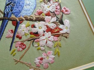 GORGEOUS ANTIQUE HAND EMBROIDERED PANEL BLUEBIRDS CHERRY BLOSSOM 4