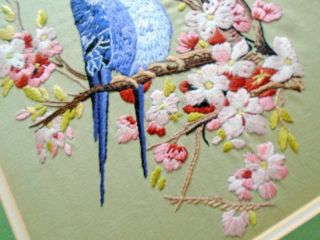 GORGEOUS ANTIQUE HAND EMBROIDERED PANEL BLUEBIRDS CHERRY BLOSSOM 5