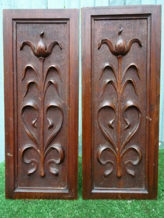Pair: 19thc Art Nouveau Wooden Mahogany Panels With Flowers,  Other C1890s