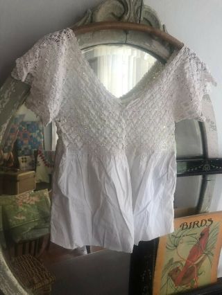 Antique Lace Victorian Lingerie White Camisole Nightgown Top Cap Sleeve S