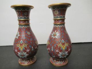 Vintage Lacquer Red Cloisonne Enamel Vases 6 1/4 "