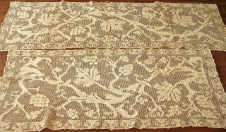 pair fine antique linen Italian filet lace runners w grapevine designs v lovely 4