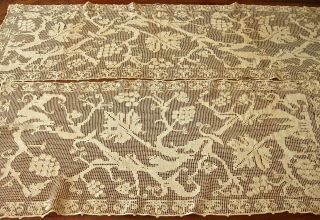 pair fine antique linen Italian filet lace runners w grapevine designs v lovely 5