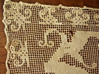 pair fine antique linen Italian filet lace runners w grapevine designs v lovely 7