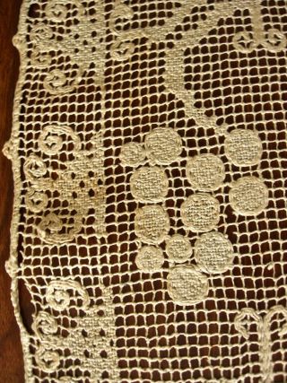 pair fine antique linen Italian filet lace runners w grapevine designs v lovely 8
