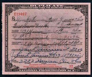 Prohibition Whiskey Booze Prescription Antique Doctor Pharmacy Bar 1929 Oh Ohio