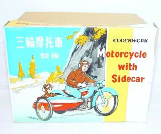 China Ms - 709 Motorcycle & Sidecar 1st Edition Wind - Up Tin Toy Mib`68 Fabulous