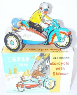 China MS - 709 MOTORCYCLE & SIDECAR 1st Edition Wind - Up Tin Toy MIB`68 FABULOUS 2