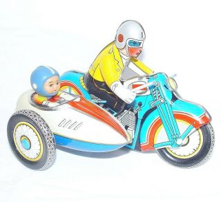 China MS - 709 MOTORCYCLE & SIDECAR 1st Edition Wind - Up Tin Toy MIB`68 FABULOUS 3