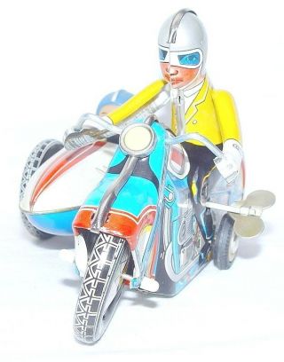 China MS - 709 MOTORCYCLE & SIDECAR 1st Edition Wind - Up Tin Toy MIB`68 FABULOUS 5