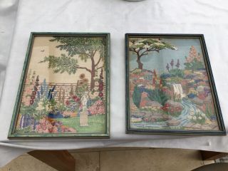 Fab Vintage Needlepoint Tapestry Framed Picture Garden Scene In Frame