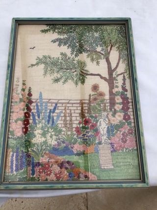 Fab Vintage Needlepoint Tapestry Framed Picture Garden Scene In Frame 2