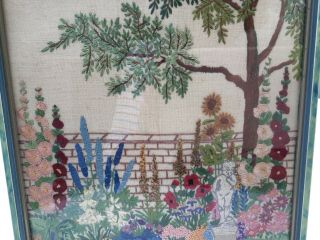 Fab Vintage Needlepoint Tapestry Framed Picture Garden Scene In Frame 4