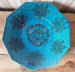 Antique Persian Kashan Turquiose Glazed Pottery Dish Plate Islamic 9 Sided 19c