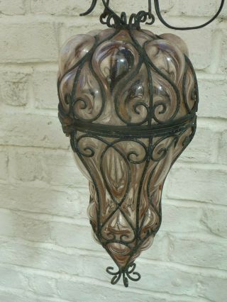 Vintage French Ornate Glass,  Iron Porch Lantern Light Pendent Iron Fretwork Old