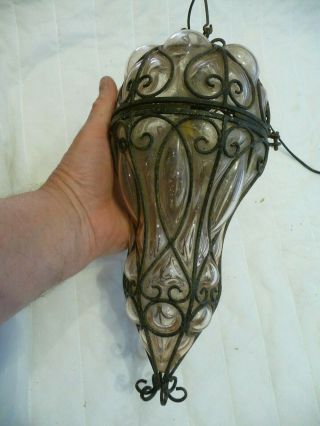 Vintage French Ornate Glass,  Iron Porch Lantern Light Pendent Iron Fretwork Old 2
