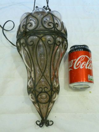Vintage French Ornate Glass,  Iron Porch Lantern Light Pendent Iron Fretwork Old 3