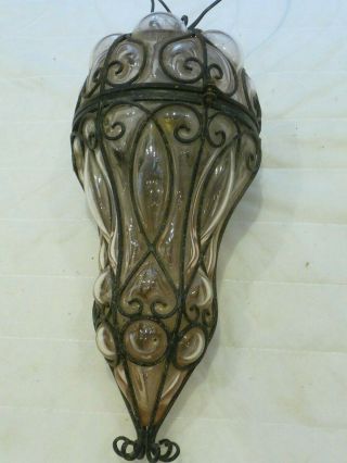 Vintage French Ornate Glass,  Iron Porch Lantern Light Pendent Iron Fretwork Old 4