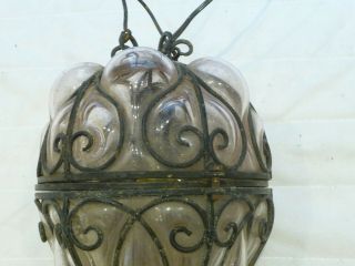 Vintage French Ornate Glass,  Iron Porch Lantern Light Pendent Iron Fretwork Old 5