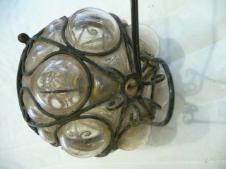 Vintage French Ornate Glass,  Iron Porch Lantern Light Pendent Iron Fretwork Old 7