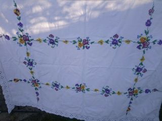 Vintage Hand Embroidered Linen Tablecloth With Flowers