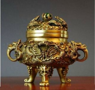Collectible Chinese Brass Nine Dragons Kowloon incense burner 2