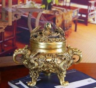 Collectible Chinese Brass Nine Dragons Kowloon incense burner 3