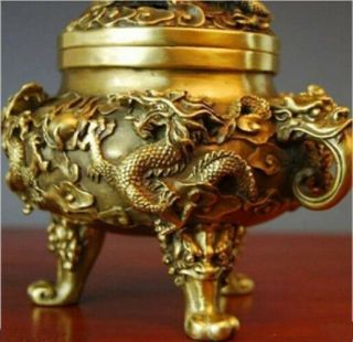 Collectible Chinese Brass Nine Dragons Kowloon incense burner 4