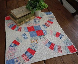 Only One Antique C1930 Red Blue Wedding Ring Table Doll Quilt 19x18