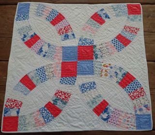 Only One Antique c1930 Red Blue Wedding Ring TABLE Doll QUILT 19x18 2