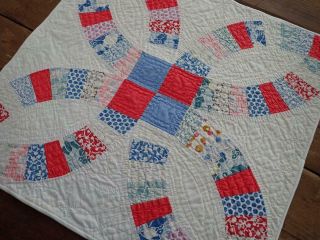 Only One Antique c1930 Red Blue Wedding Ring TABLE Doll QUILT 19x18 3