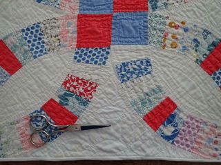 Only One Antique c1930 Red Blue Wedding Ring TABLE Doll QUILT 19x18 8