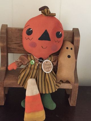 Primitive Folk Art Raggedy Ann Doll Petunia Pumpkin Halloween In June