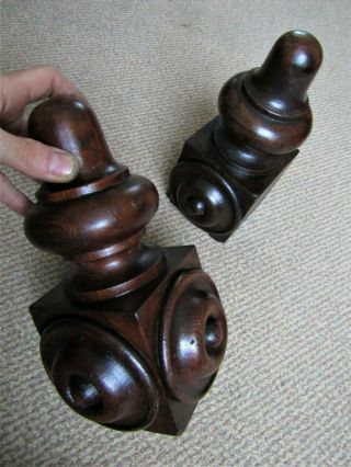 2 Large Antique Pine Turned Stair Newel Post Cap Top Finials - Handrail Spindles