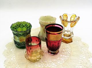 Five Antique Glass Toothpick Holders Inc.  Moser & Cranberry Amberina & Northwood