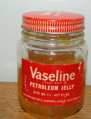 Vintage Red Label Vaseline Petroleum Jelly Glass Jar Chesebrough Ny