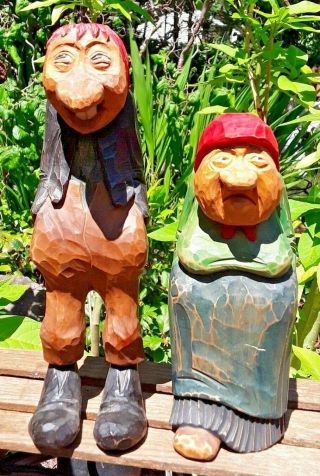Norway Hand Carved Wooden Handsome ' TROLL COUPLE ' SIGNED,  Masterfully Crafted, 3