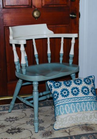 Vintage Solid Wood Refinished Captains Chair In Blue/green & White