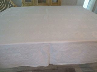 Vtg Damask Linen Banquet Hemstitched Tablecloth 102 