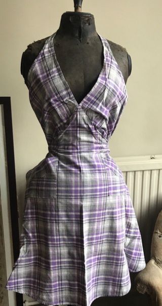 Vintage French Apron Purple & White Checkered Pinny Period Costume - Baking Time