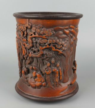 Chinese Exquisite Hand - Carved The Ancients Horse Carving Bamboo Brush Pot