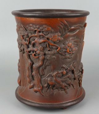 Chinese Exquisite Hand - carved the ancients horse Carving bamboo Brush Pot 3